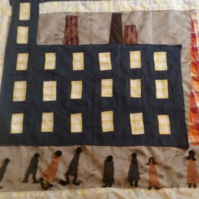Mrs Gaskell's industrial mills depicted in a LS Lowry style