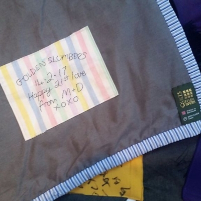 A personalised message on the back of Joe's quilt