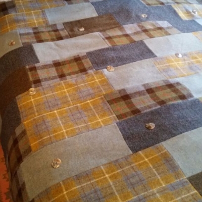 Stitched Harris Tweed patchwork quilt top.