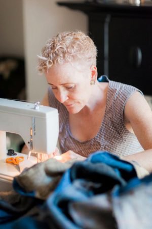 Lisa sewing a Harris Tweed quilt commission