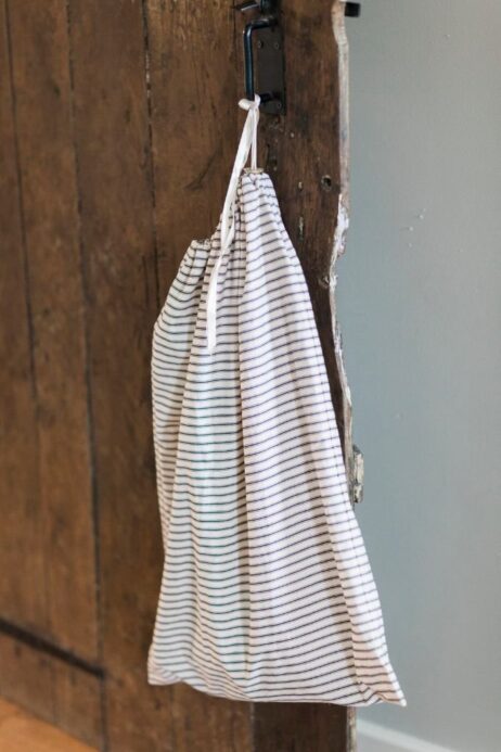 A v.useful Big B&W Drawstring Ticking* Bag, measuring 50 by 60cm, ideal to hold all the flotsam&jetsam from your life.