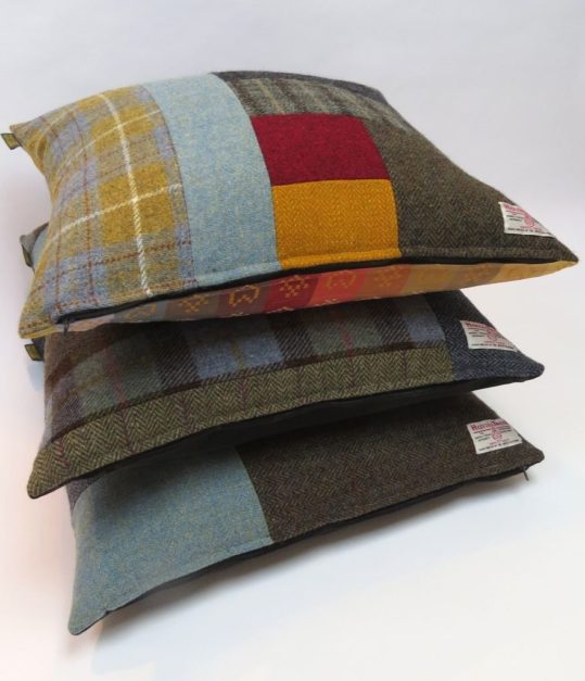 Harris Tweed Patchwork cushions Every cushion is distinctive and unique, made up from a combination of Harris Tweeds I have in stock and backed with either my Folklore Fabrics or British cotton velvet. These cushions will compliment any of my Harris Tweed quilted throws-quilted bedspreads-quilts, or colour pop any interior scheme. Priced from £60-£115 each, (which includes a duck cushion pad, also made in GB) these cushions are a real colour tonic to counteract dreary days.