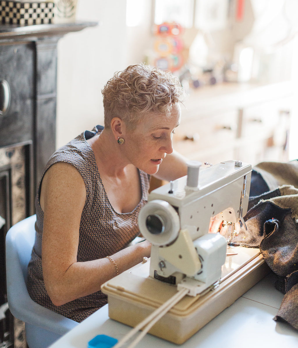 Lisa stitching a Harris Tweed Quilt Commission